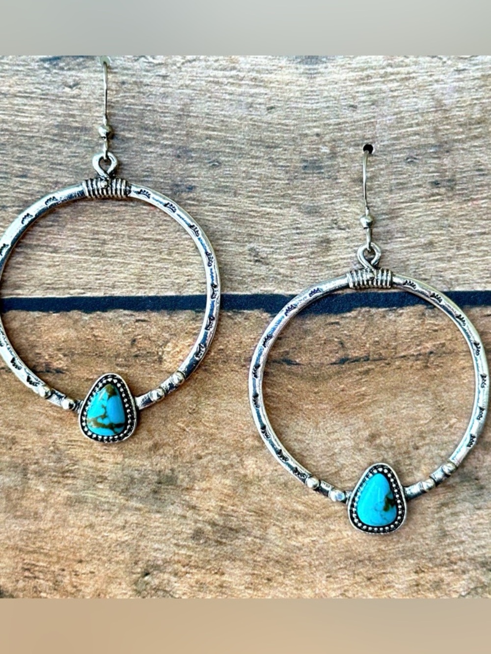 Large Turquoise Hoop Earrings Silver Western Boho Statement